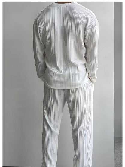 Men's Elegant Striped Button-Up Shirt & Pants Set - V-Neck Beach Attire - Buy Center US