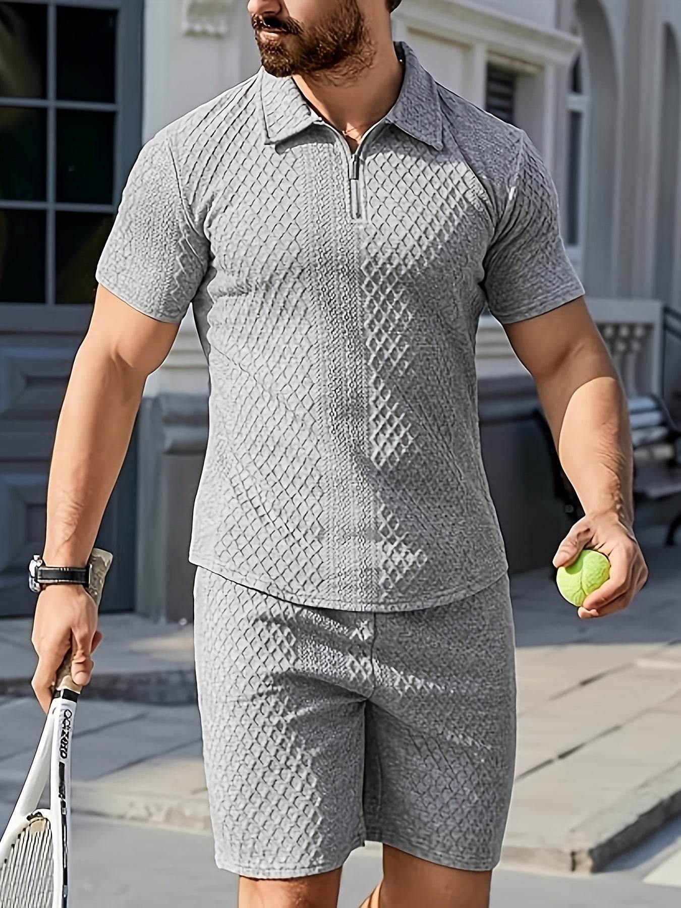 Men's Summer Jacquard Suit - Short Sleeve, Geometric Pattern, Regular Fit - Buy Center US