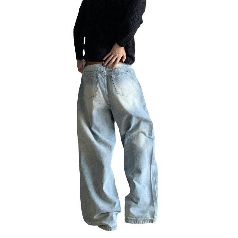Men's Retro Washed Loose Straight Wide-leg Jeans - Mid Waist Denim - Buy Center US