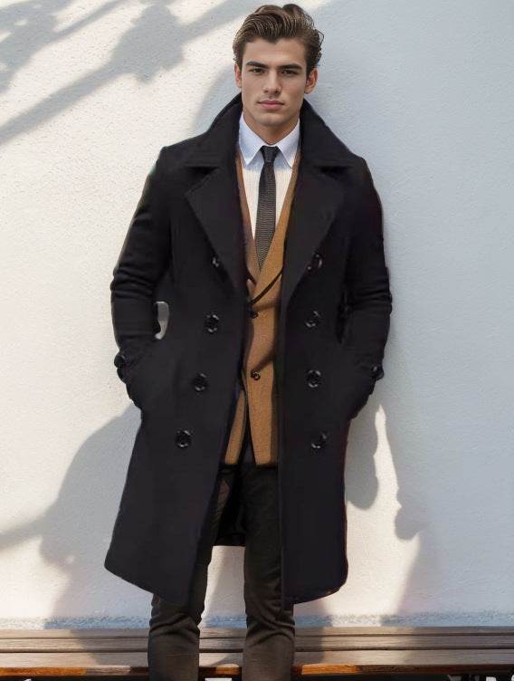 Buycenter Men's Slim-fit Woolen Coat - Double-Breasted Mid-Length Style - Buy Center US