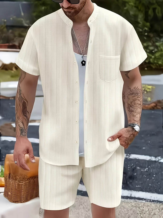 Men's Summer Casual 2-Piece Beach Outfit - Striped Short Sleeve Shirt & Shorts - Buy Center US