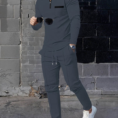 Men's Casual Long-Sleeve Pantsuit - Zipper Detail, Regular Fit, Polyester - Buy Center US