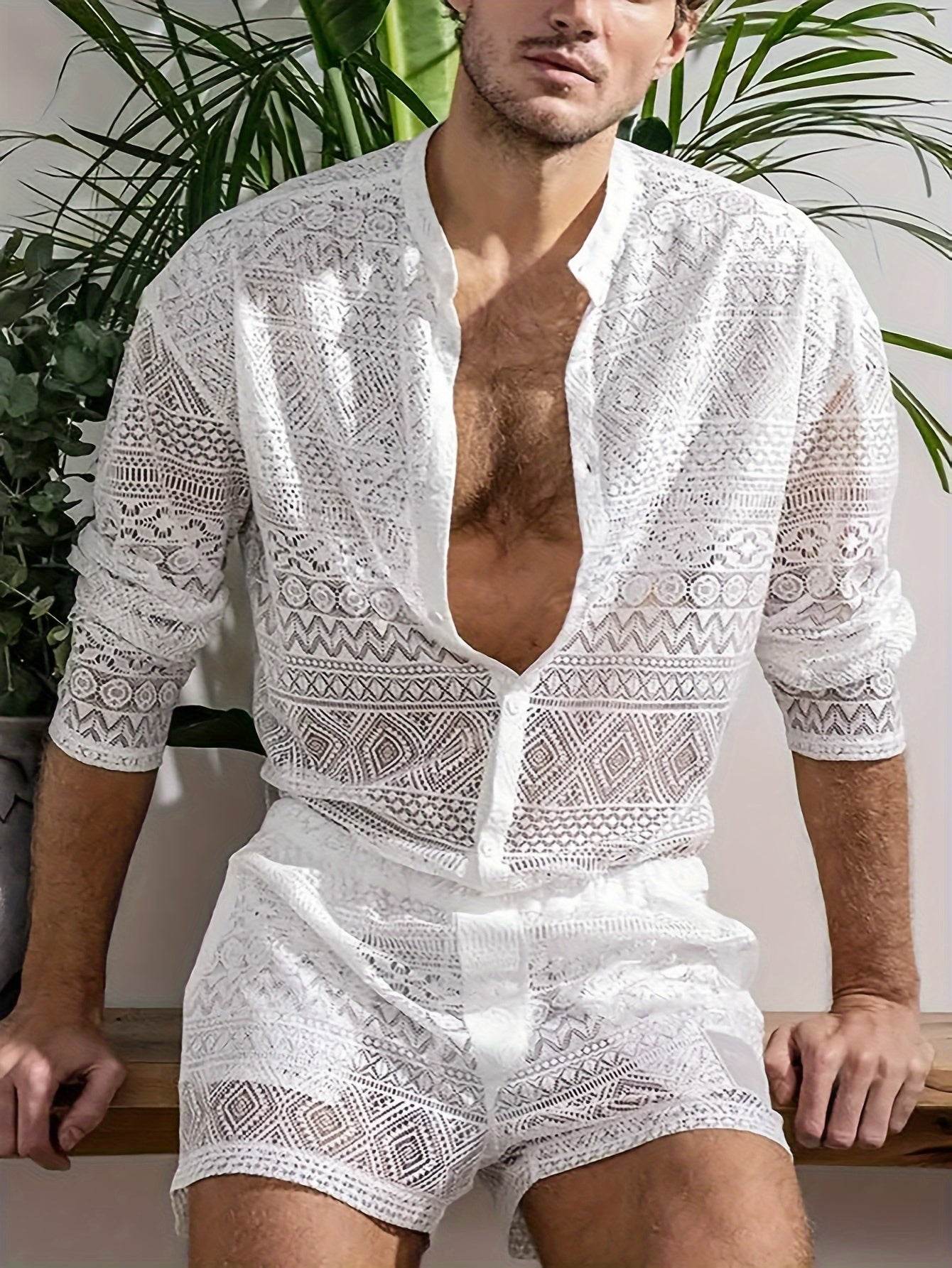 Men's Lace Sheer 2-Piece Shirt and Shorts Set - Sexy Summer Outfit - Buy Center US
