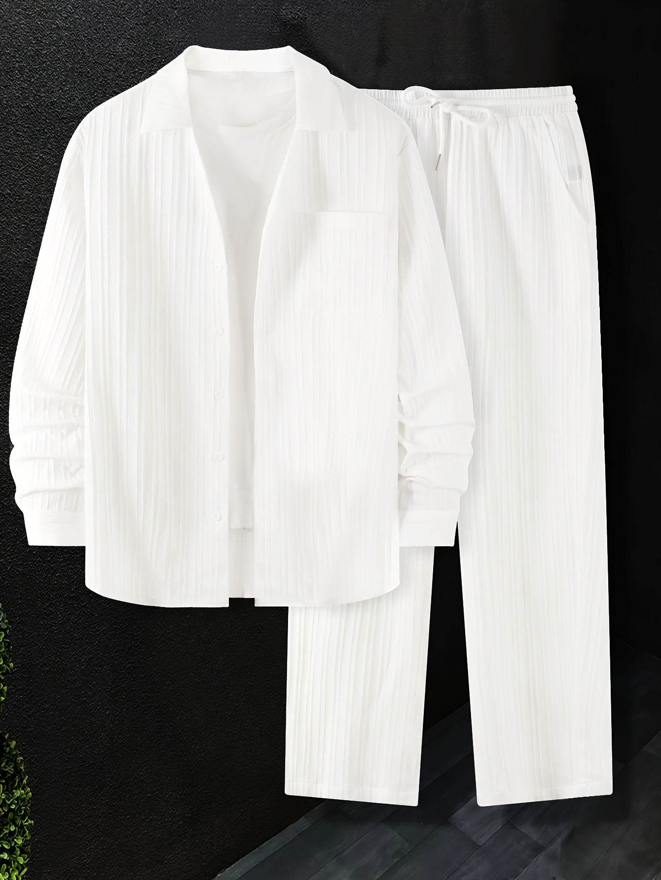 Men's Elegant Striped Button-Up Shirt and Pants Set - Casual Spring Fashion - Buy Center US