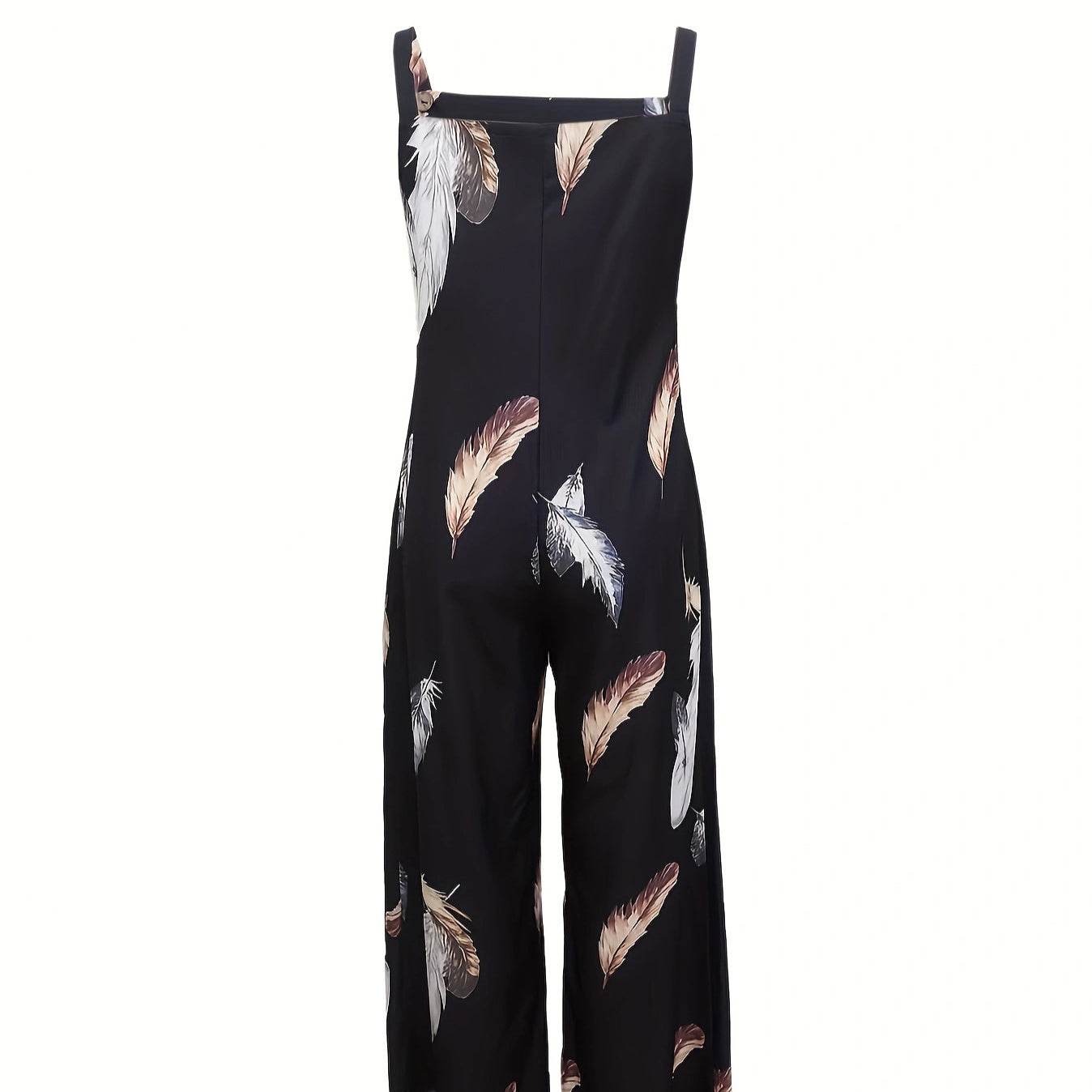 Women's Feather Print Ruffle Hem Jumpsuit - Casual Summer Fashion - Buy Center US