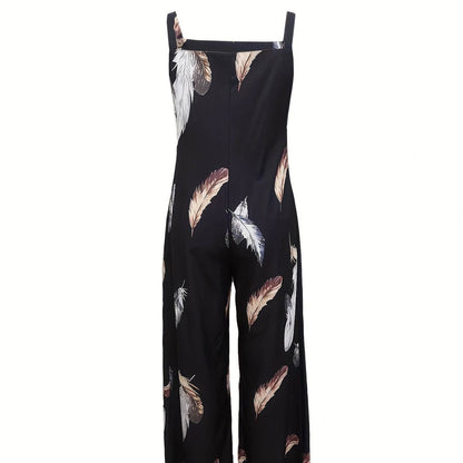 Women's Feather Print Ruffle Hem Jumpsuit - Casual Summer Fashion - Buy Center US