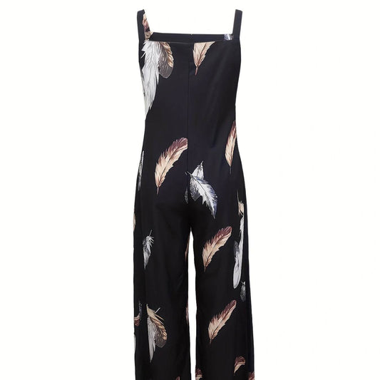 Women's Feather Print Ruffle Hem Jumpsuit - Casual Summer Fashion - Buy Center US