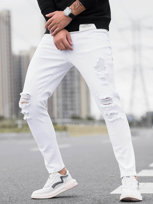 Men's Ripped Skinny Jeans - Stretch Denim Casual Wear | Distressed White/Black - Buy Center US