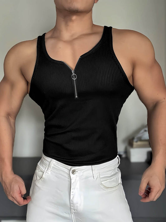 Men's Zip-Up Tank Top - Slim Fit Casual Polyester for All Seasons - Buy Center US