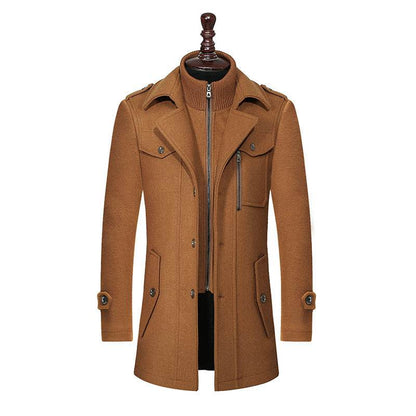 Buycenter Men's Woolen Coat - Double Collar, Standard Zipper Jacket - Buy Center US