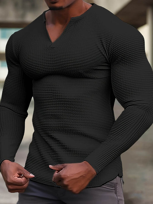 Men's Waffle V Neck Long Sleeve Active T-shirt - Comfy Casual Wear - Buy Center US