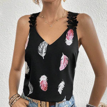 Women's Slimming V-neck Camisole - Feather Pattern Casual Summer Vest - Buy Center US
