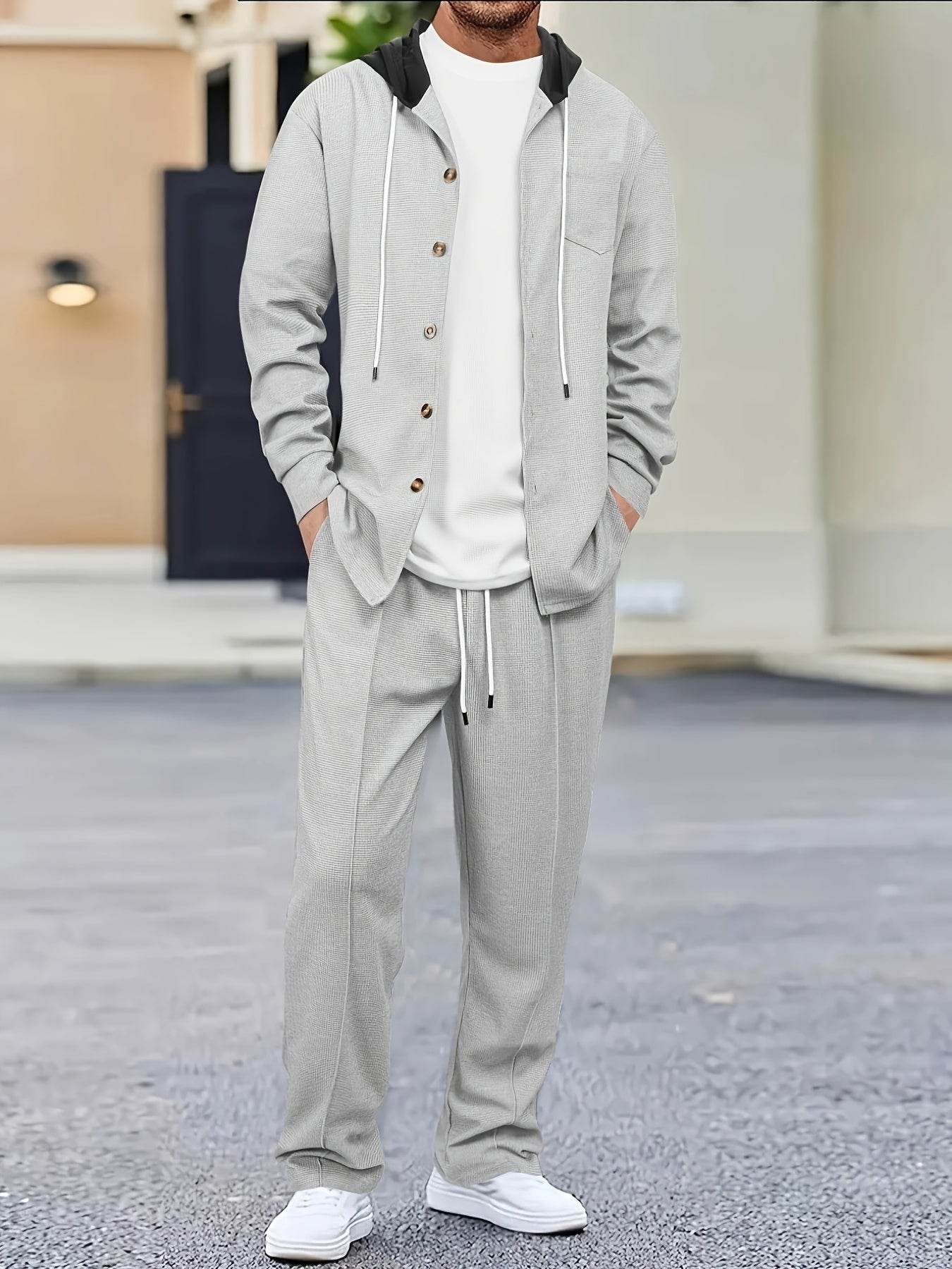 Men's Two-Piece Waffle Knit Set - Hooded Cardigan & Drawstring Pants - Buy Center US