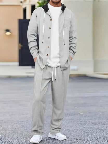 Men's Two-Piece Waffle Knit Set - Hooded Cardigan & Drawstring Pants - Buy Center US