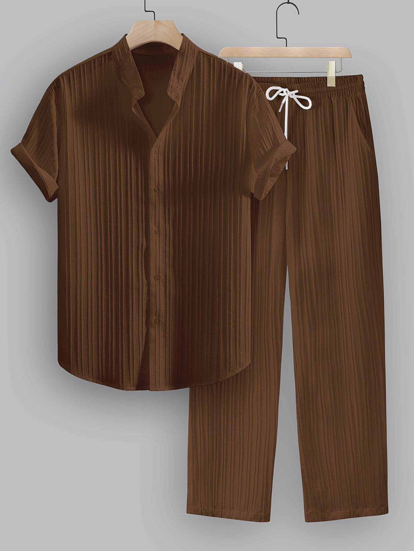 Men's Summer Casual Outfit Set - Striped Short Sleeve Shirt & Drawstring Pants - Buy Center US