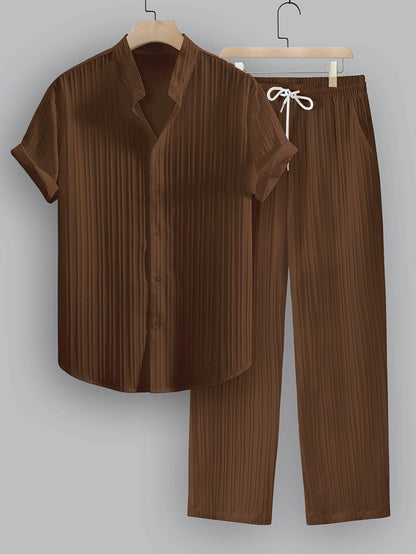 Men's Summer Casual Outfit Set - Striped Short Sleeve Shirt & Drawstring Pants - Buy Center US