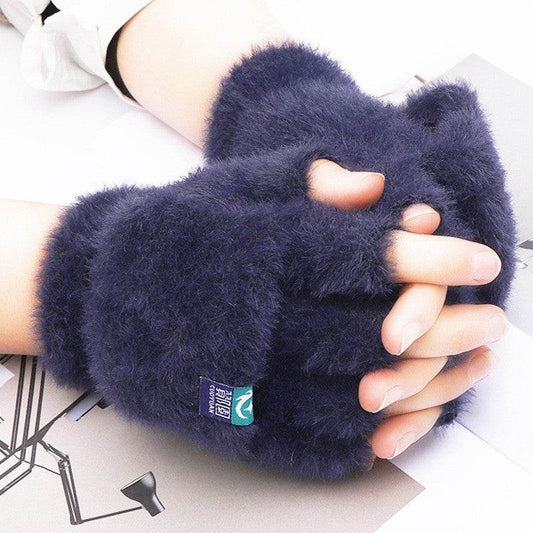 Winter Warmth Plush Gloves - Half Finger Flip Design for Students - Buy Center US