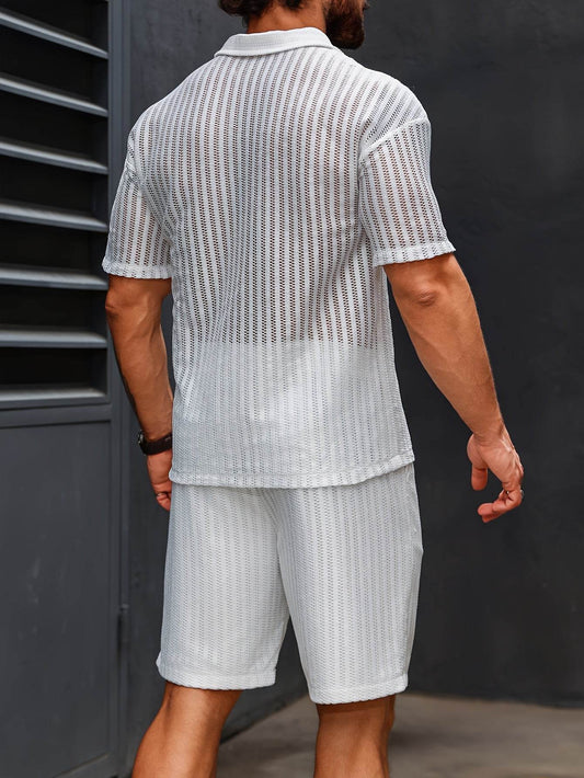 Men's Striped Crochet Knit Polo & Shorts Set - Casual Summer Vacay Style - Buy Center US
