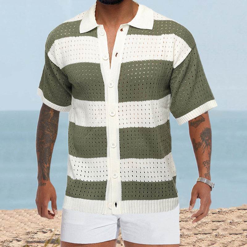 Men's Slim Fit Cardigan Polo - Short Sleeve Color Matching Knit Top - Buy Center US