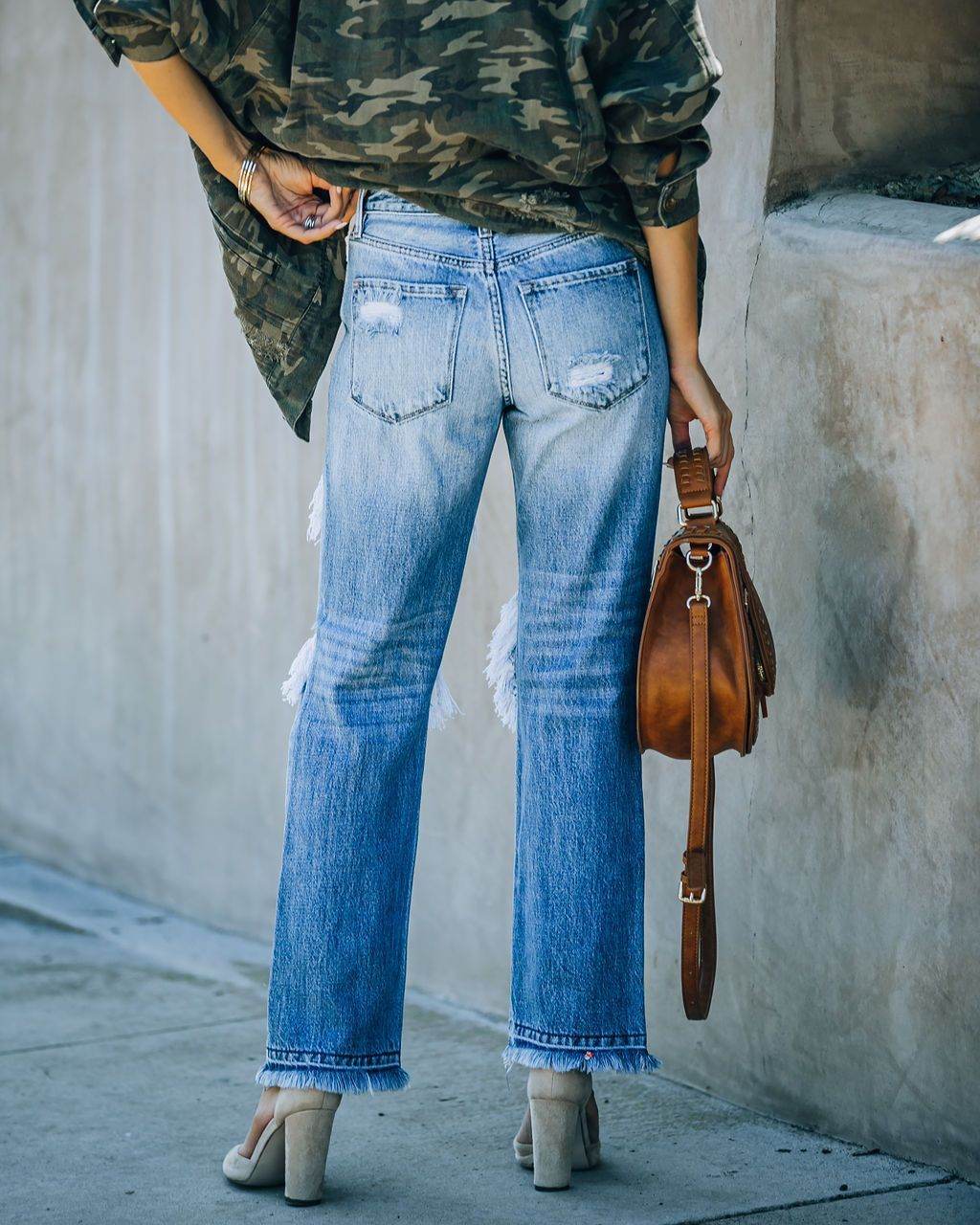 Ripped Foot Burr Straight Pants - Denim Blue Cotton - Casual Style - Buy Center US