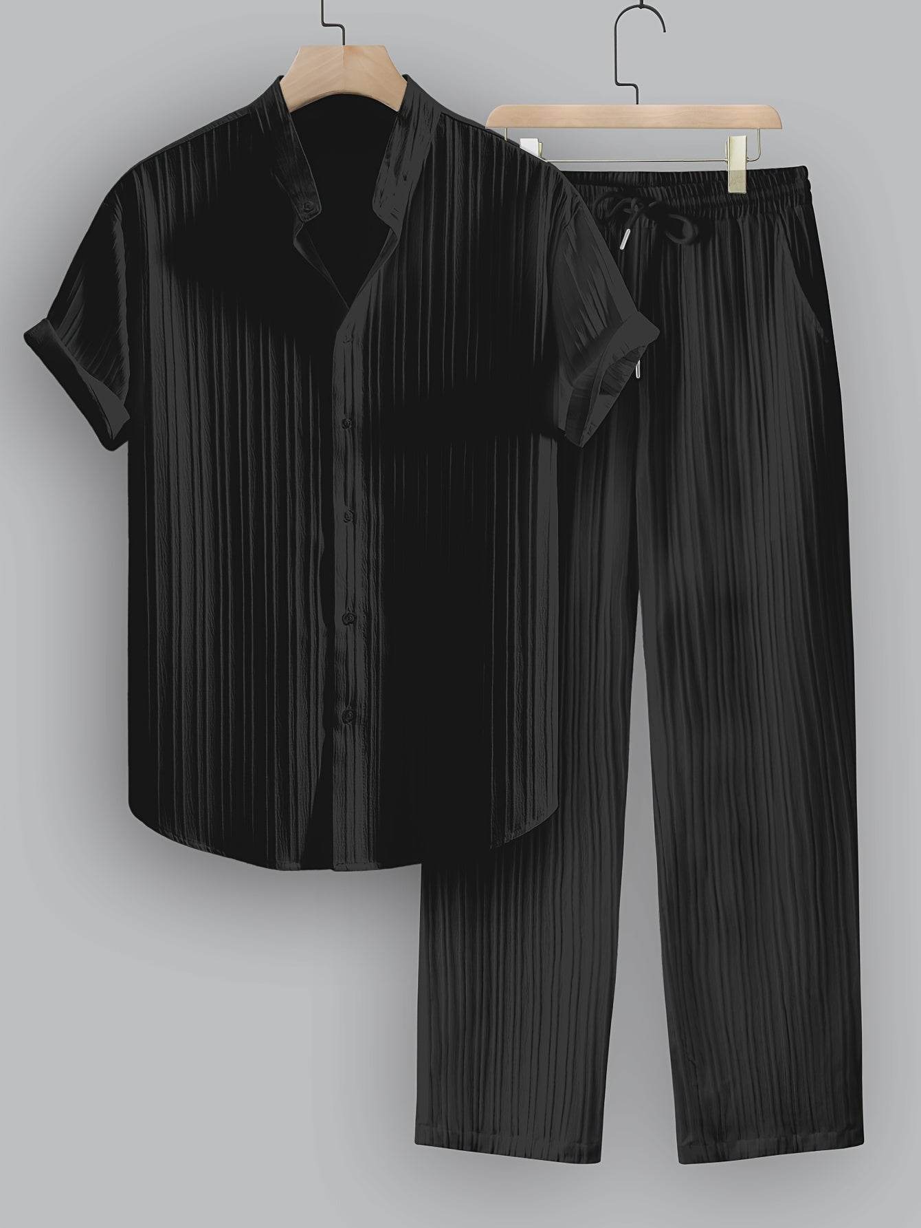 Men's Summer Casual Outfit Set - Striped Short Sleeve Shirt & Drawstring Pants - Buy Center US