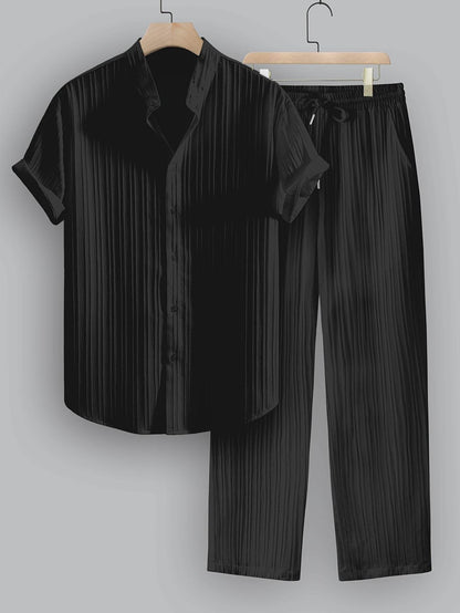 Men's Summer Casual Outfit Set - Striped Short Sleeve Shirt & Drawstring Pants - Buy Center US