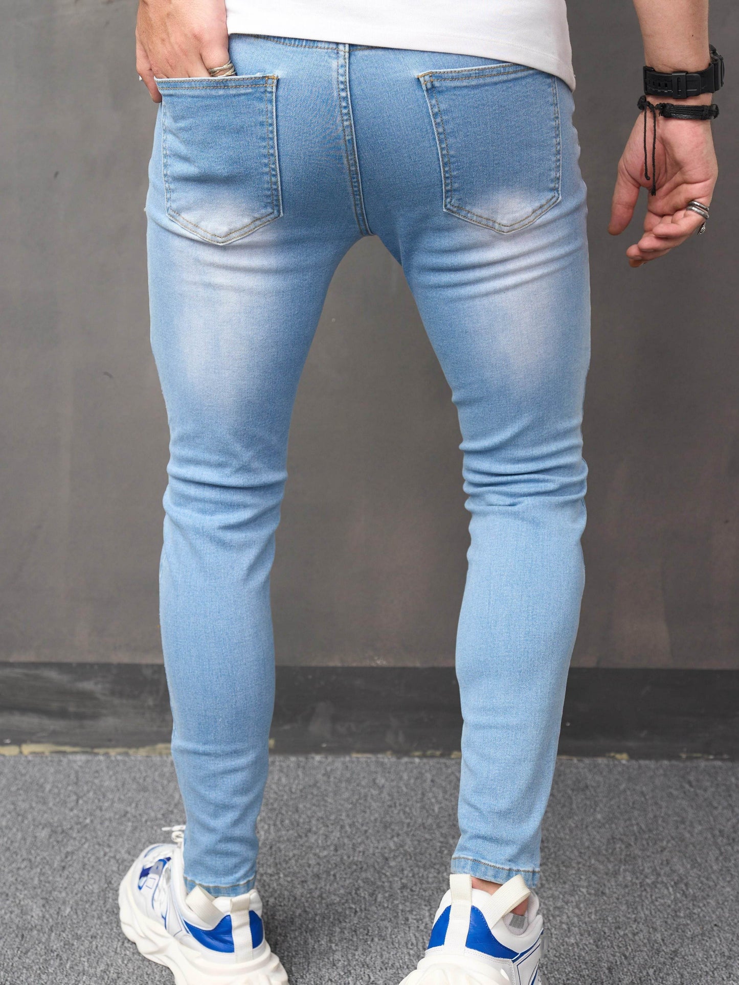 2023 Retro Distressed Knee Ripped Jeans - Light Blue Cotton Slim Fit - Buy Center US