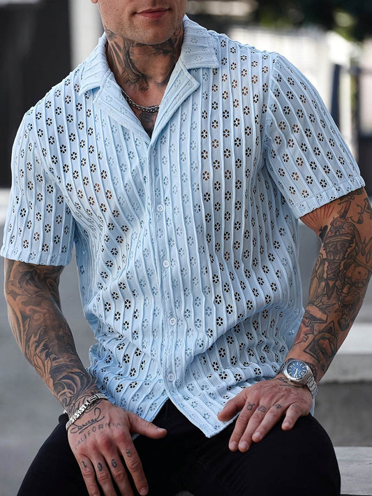 Men's Casual Floral Button-Up Shirt - Light Blue, Stretchy Fabric for Summer - Buy Center US