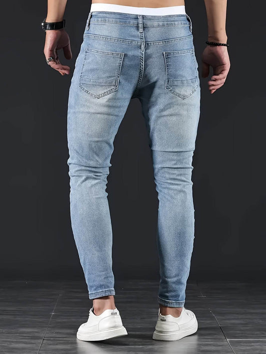 Men’s Distressed Skinny Jeans - Light Blue Ripped Denim, Medium Stretch - Buy Center US