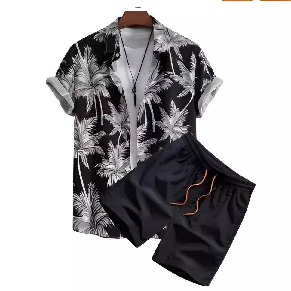 Buycenter Men’s Black and White Striped Hawaiian Shirt Set - Casual Summer Wear - Buy Center US
