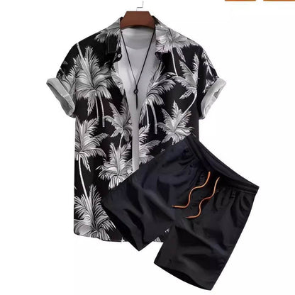 Buycenter Men’s Black and White Striped Hawaiian Shirt Set - Casual Summer Wear - Buy Center US