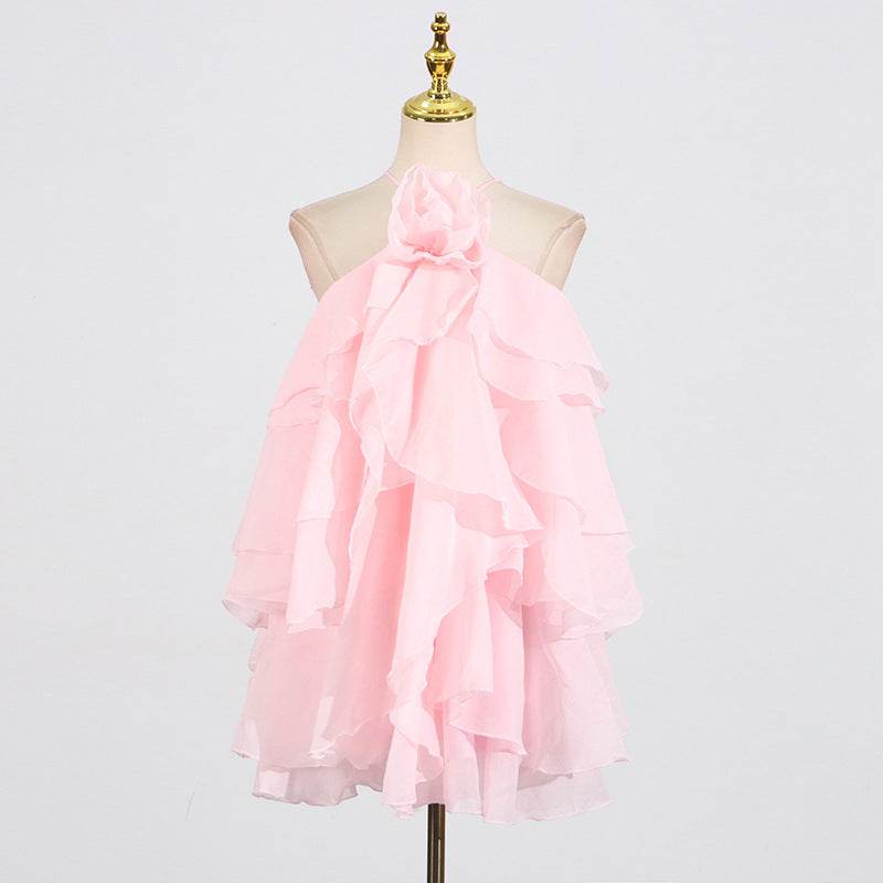 Halter Flower Design Lace-Up Dress - Asymmetric Skirt in Orange, Rose, Pink - Buy Center US