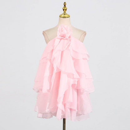 Halter Flower Design Lace-Up Dress - Asymmetric Skirt in Orange, Rose, Pink - Buy Center US