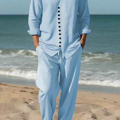 Men's Casual Sky Blue Print Set - Two-Piece Stand Collar Outfit - Buy Center US