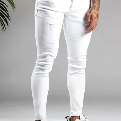 Men's Slim-Fit White Jeans - Ripped Stretch Denim for Casual Style - Buy Center US