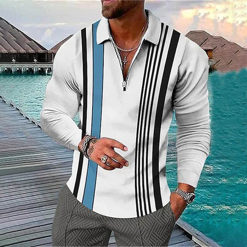 Men's Long Sleeve Color Matching Polo Shirt with Zipper - Casual Fashion - Buy Center US