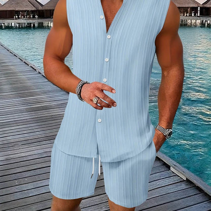 Summer Men's Casual Henley Neck Tank Top & Shorts Beach Set - Buy Center US