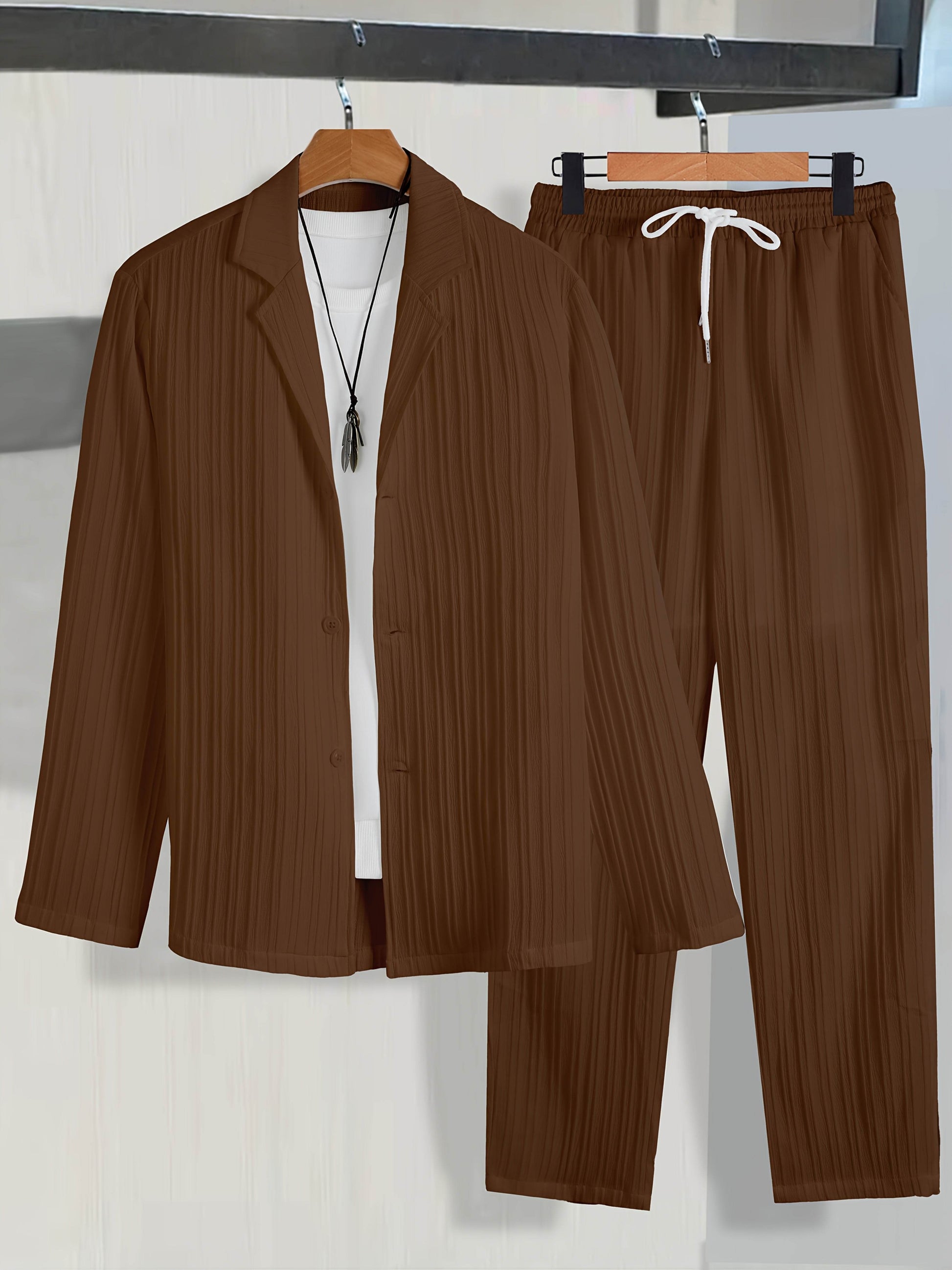 Men's Casual Suit Set - Long Sleeve Shirt & Drawstring Trousers - Buy Center US