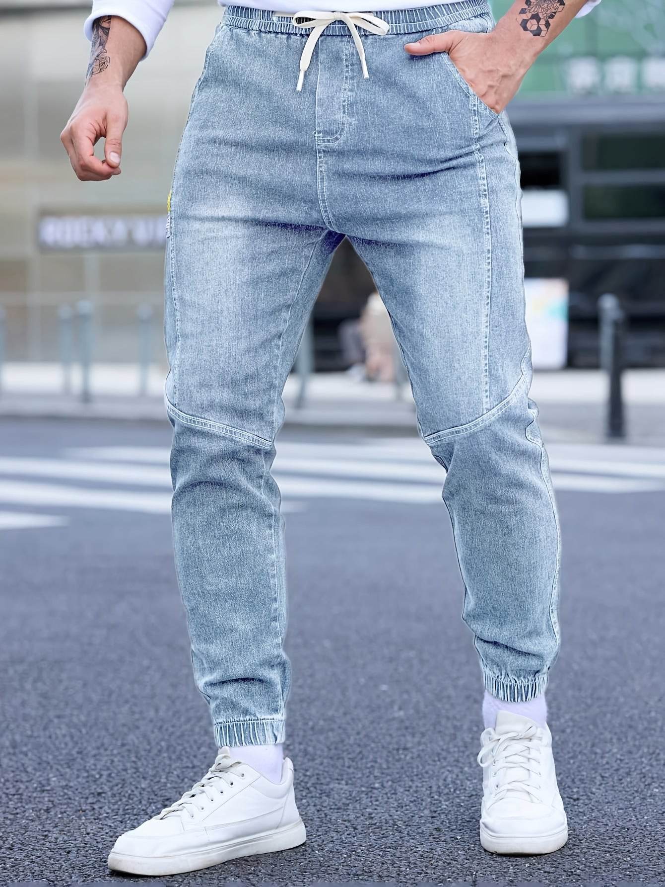 Men's Cropped Denim Pants with Pockets - Casual Drawstring Cotton Blend - Buy Center US