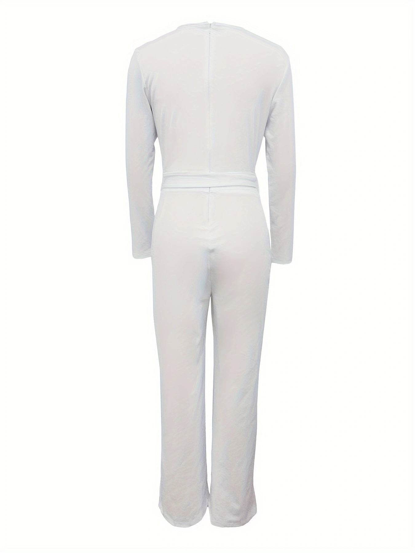 Women's Slimming V-Neck Bow Tie Jumpsuit - Long Sleeves, Casual Style - Buy Center US