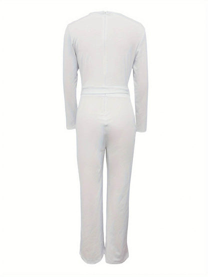 Women's Slimming V-Neck Bow Tie Jumpsuit - Long Sleeves, Casual Style - Buy Center US
