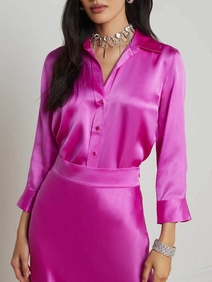 Women's Satin Rayon Shirt - Elegant Solid Color Top with Lapel Design - Buy Center US