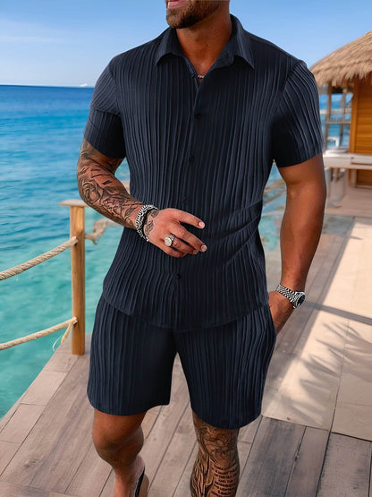 Stylish Summer White French Striped Suit for Men - Short Sleeve & Pants - Buy Center US