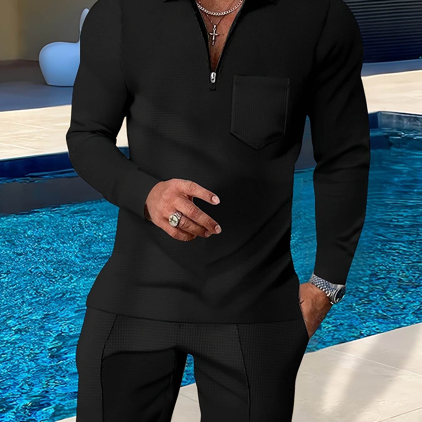Men's Casual Long-Sleeve Pantsuit - Zipper Detail, Regular Fit, Polyester - Buy Center US