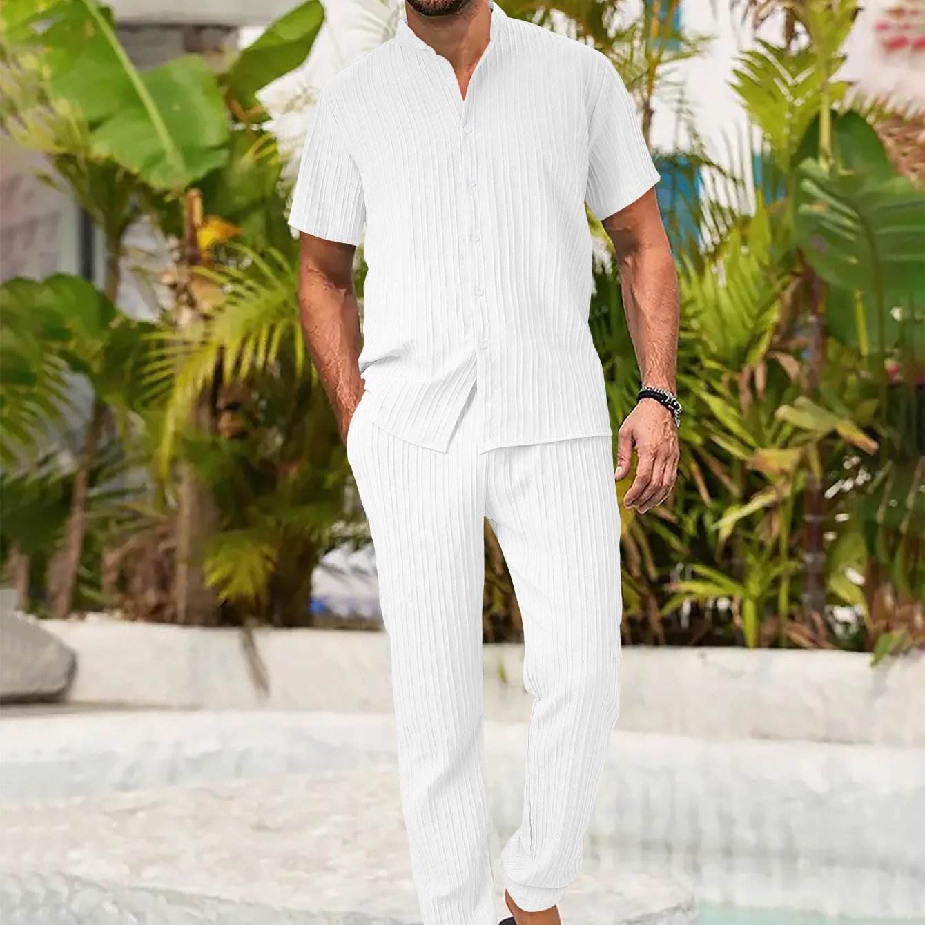 Men's Casual Spring/Summer Textured Stripe Short Sleeve Pants Set - Buy Center US