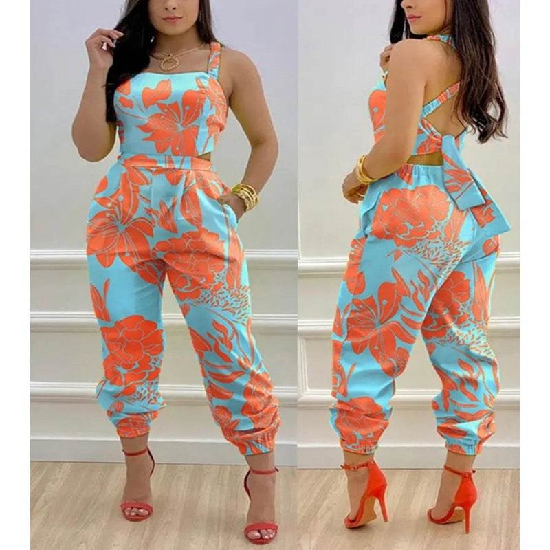 Fashion Bowknot Women's Jumpsuit - Colorful Floral Printed Romper - Buy Center US