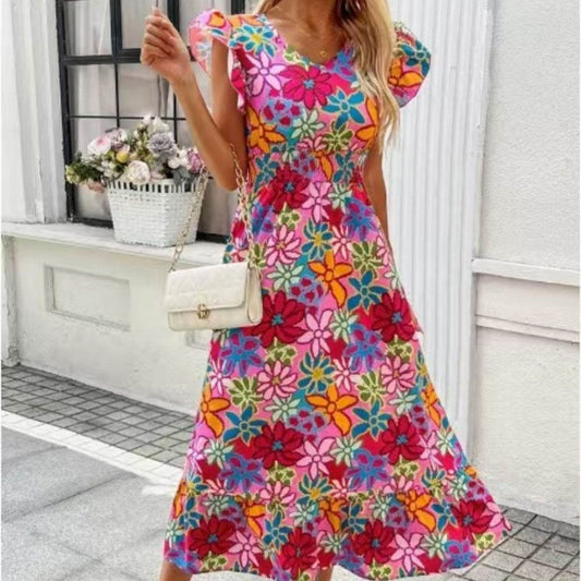 Elegant Floral Print Sleeveless Dress - European American Summer Vacation Style - Buy Center US
