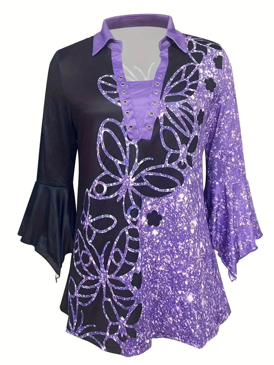 New Printed Lapel T-shirt - Three-Quarter Sleeve with Irregular Cuff - Buy Center US