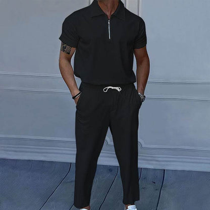 Stylish Men's Polo Collar Trousers Suit - Short Sleeve, Solid Colors - Buy Center US