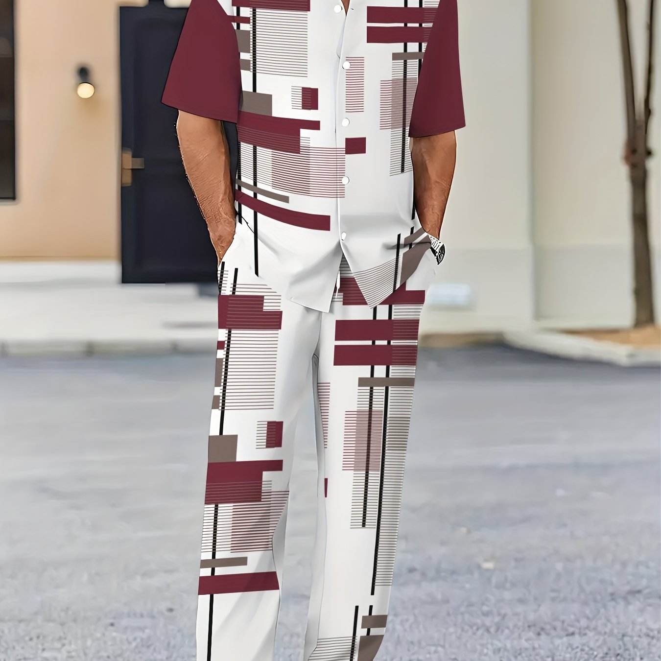 Men’s Casual Print Suit Set - Polyester Lapel Button Knit Fabric - Buy Center US